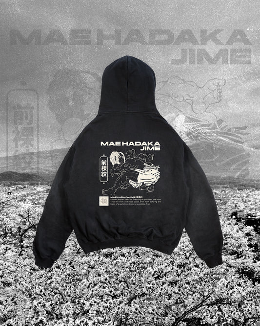 High Elbow Guillotine BJJ merch artwork mockup on a hoodie, featuring Japanese-inspired Mae Hadaka Jime design for martial arts academies.