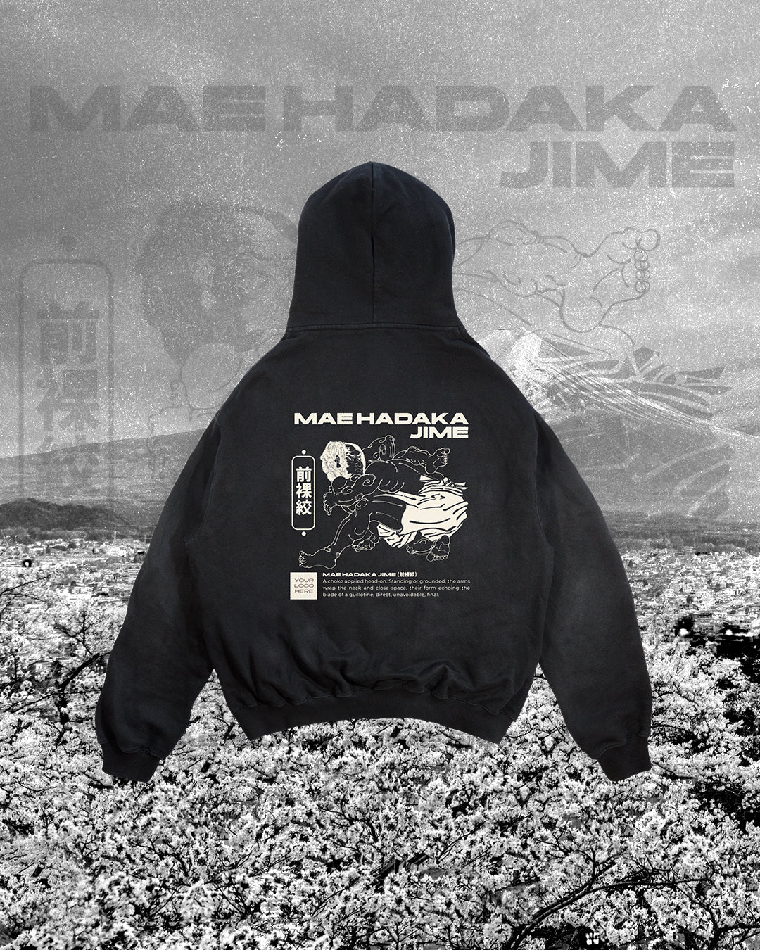 High Elbow Guillotine BJJ merch artwork mockup on a hoodie, featuring Japanese-inspired Mae Hadaka Jime design for martial arts academies.