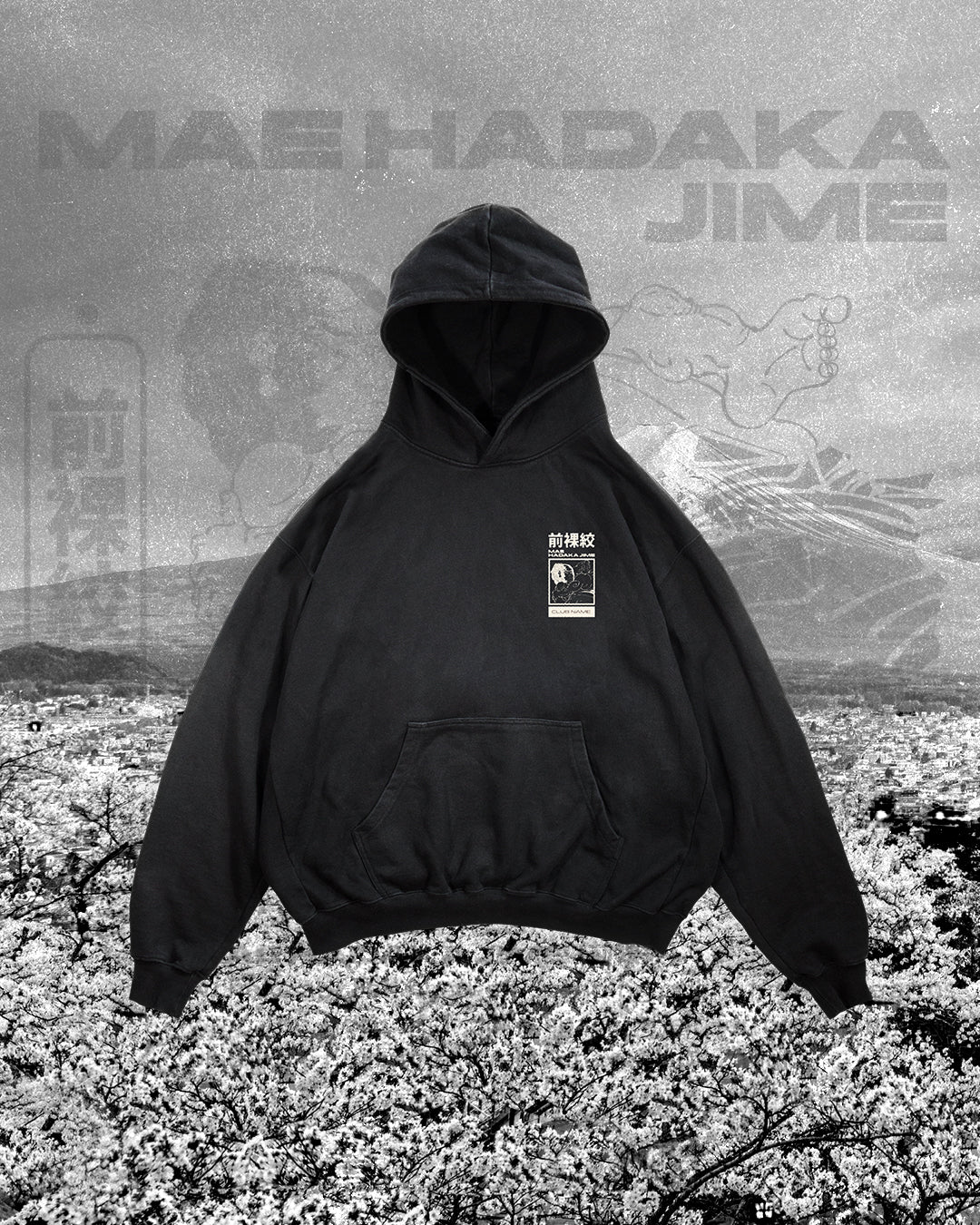 High Elbow Guillotine BJJ merch artwork mockup on a hoodie, featuring Japanese-inspired Mae Hadaka Jime design for martial arts academies.