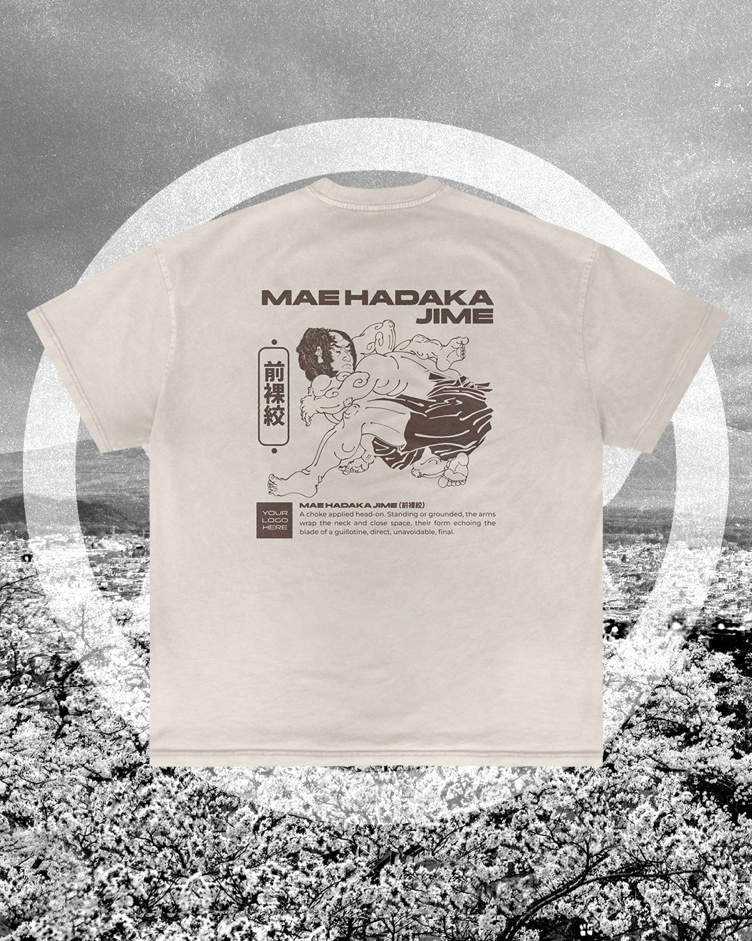 High Elbow Guillotine BJJ merch artwork mockup on a black T-shirt, featuring Japanese-inspired Mae Hadaka Jime design for martial arts academies.