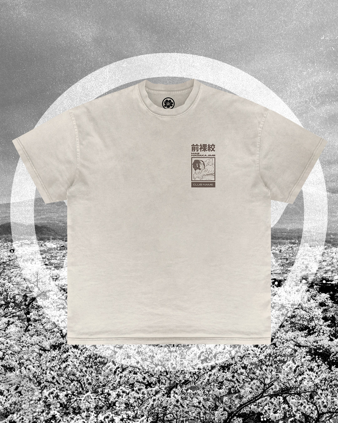 High Elbow Guillotine BJJ merch artwork mockup on a black T-shirt, featuring Japanese-inspired Mae Hadaka Jime design for martial arts academies.