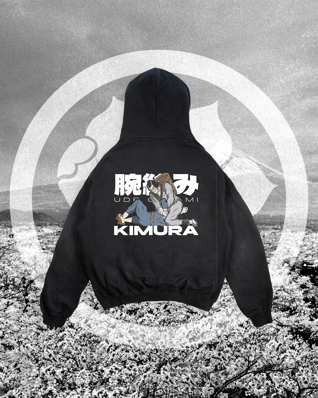 Kimura BJJ merch artwork mockup on a hoodie, featuring Japanese-inspired submission design for martial arts academies and club apparel.