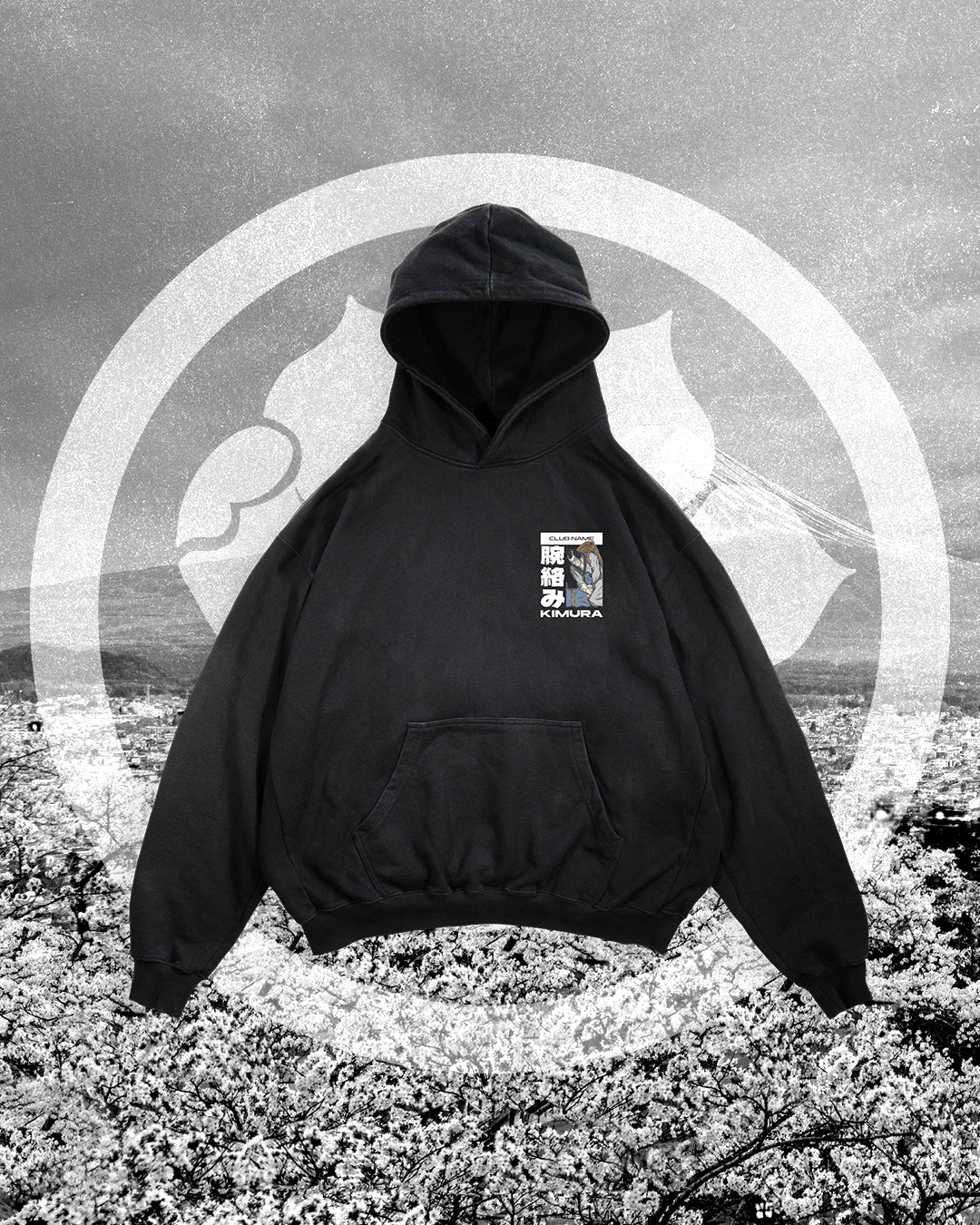 Kimura BJJ merch artwork mockup on a hoodie, featuring Japanese-inspired submission design for martial arts academies and club apparel.