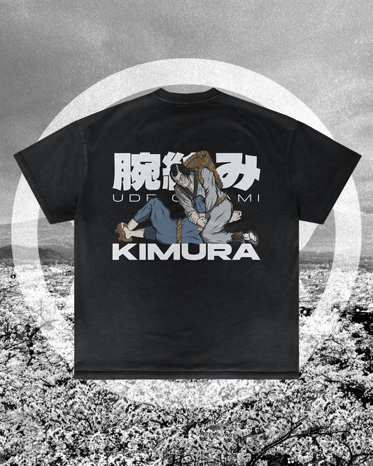 Kimura BJJ merch artwork mockup on a T-shirt, featuring Japanese-inspired submission design for martial arts academies and club apparel.