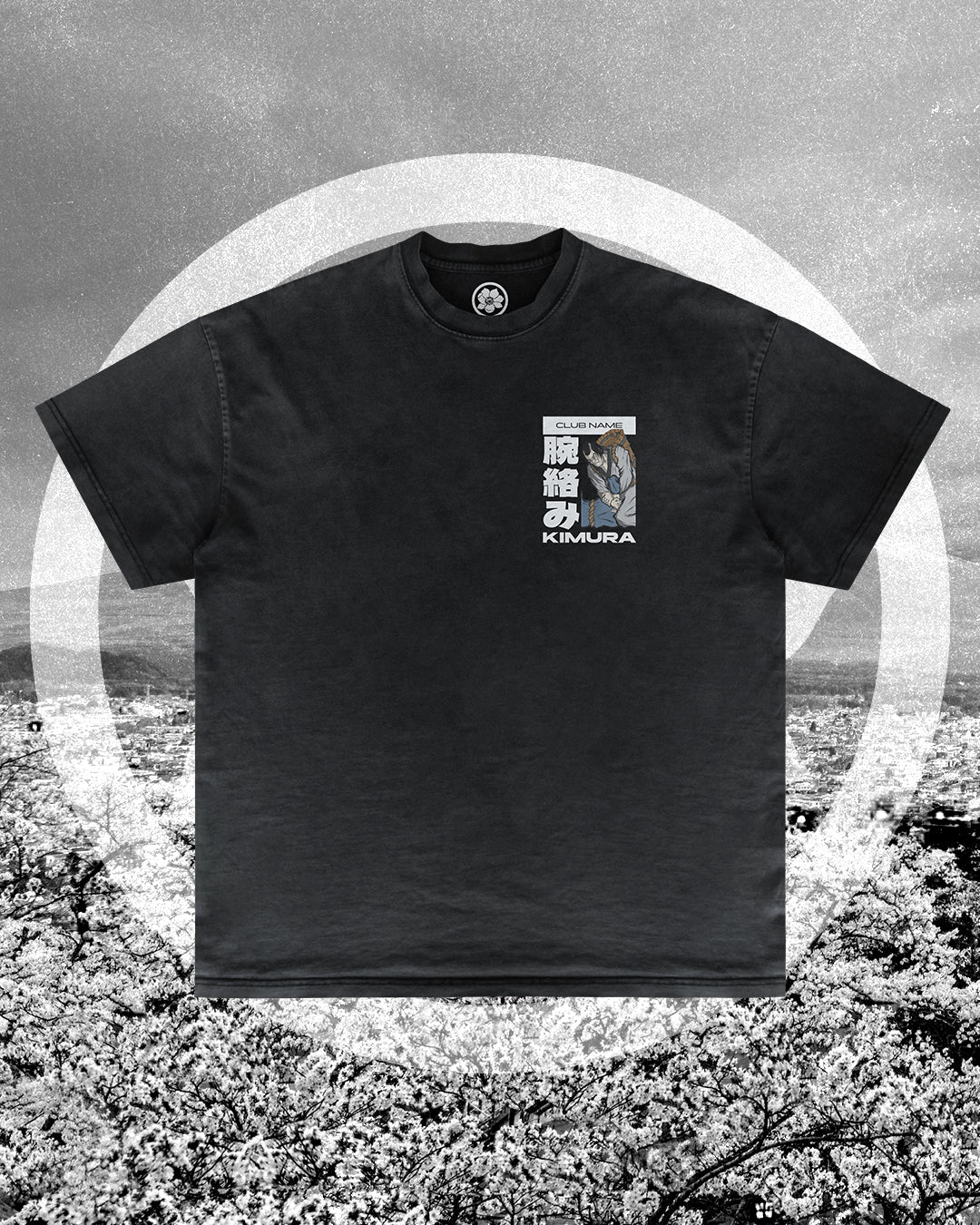 Kimura BJJ merch artwork mockup on a T-shirt, featuring Japanese-inspired submission design for martial arts academies and club apparel.